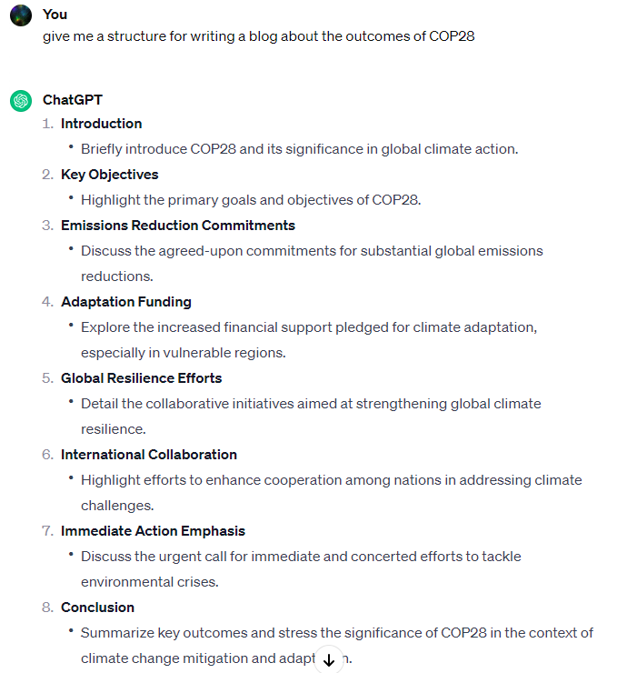 The structure for a blog about COP28 suggested by AI