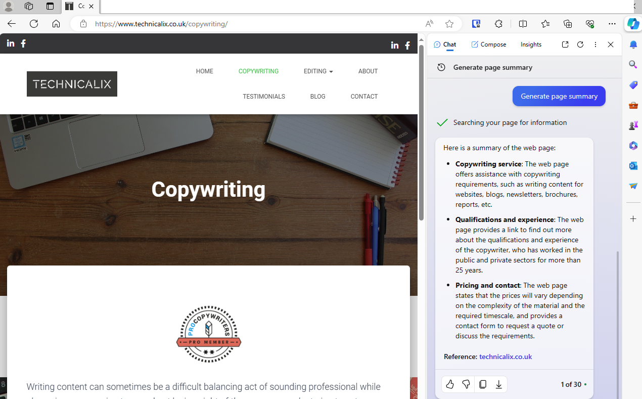 The use of Copilot to summarise the content of a webpage